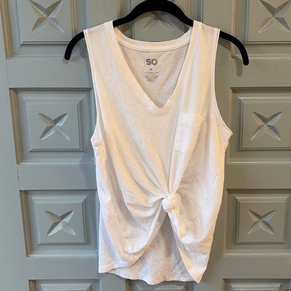 SO Women's White V-Neck Knot Tank Top